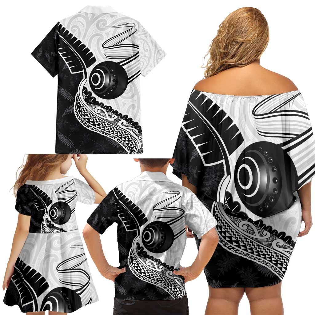 Personalised Aotearoa Lawn Bowls Family Matching Off Shoulder Short Dress and Hawaiian Shirt Maori and Silver Fern Half Style LT03 - Polynesian Pride