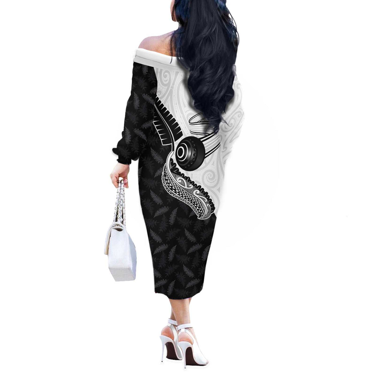 Personalised Aotearoa Lawn Bowls Off The Shoulder Long Sleeve Dress Maori and Silver Fern Half Style LT03 - Polynesian Pride