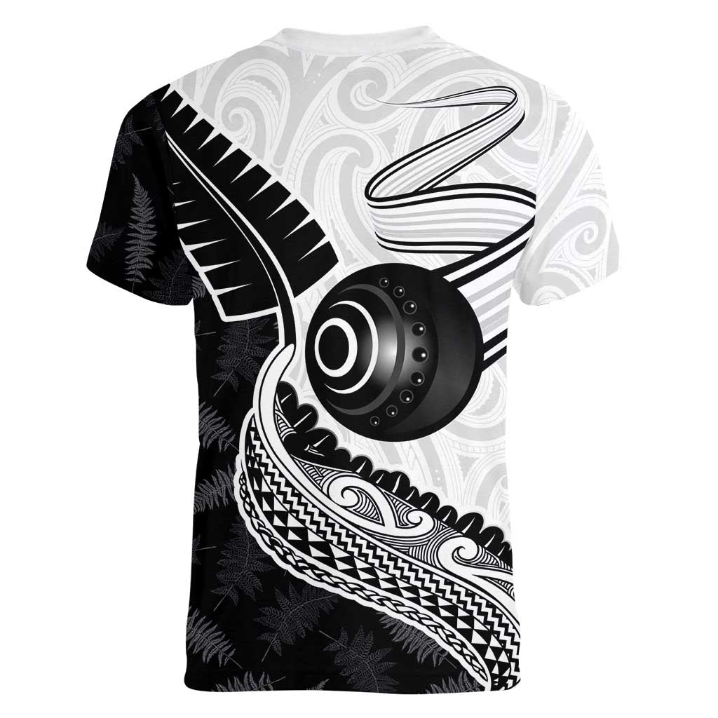 Personalised Aotearoa Lawn Bowls Women V-Neck T-Shirt Maori and Silver Fern Half Style LT03 - Polynesian Pride