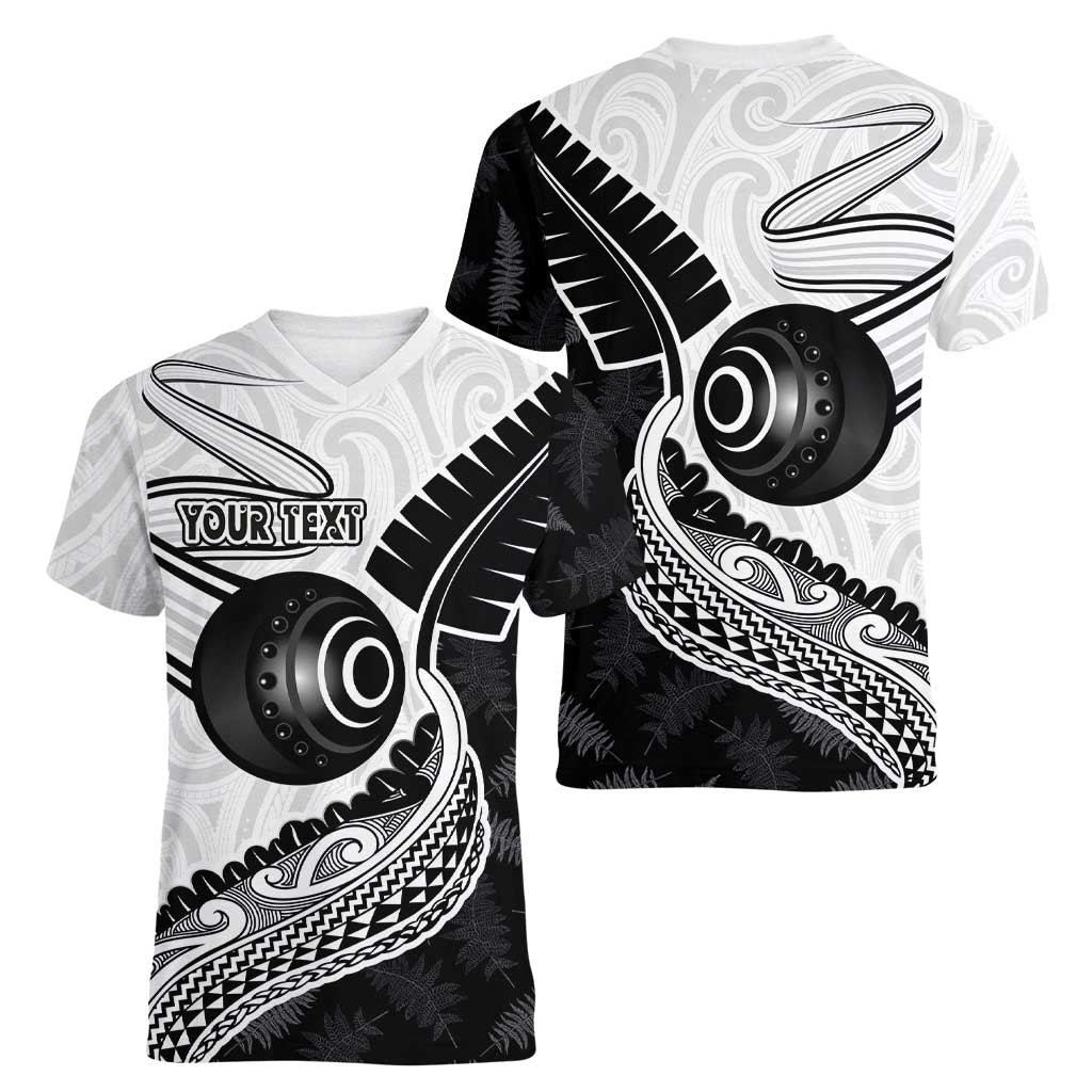 Personalised Aotearoa Lawn Bowls Women V-Neck T-Shirt Maori and Silver Fern Half Style LT03 - Polynesian Pride