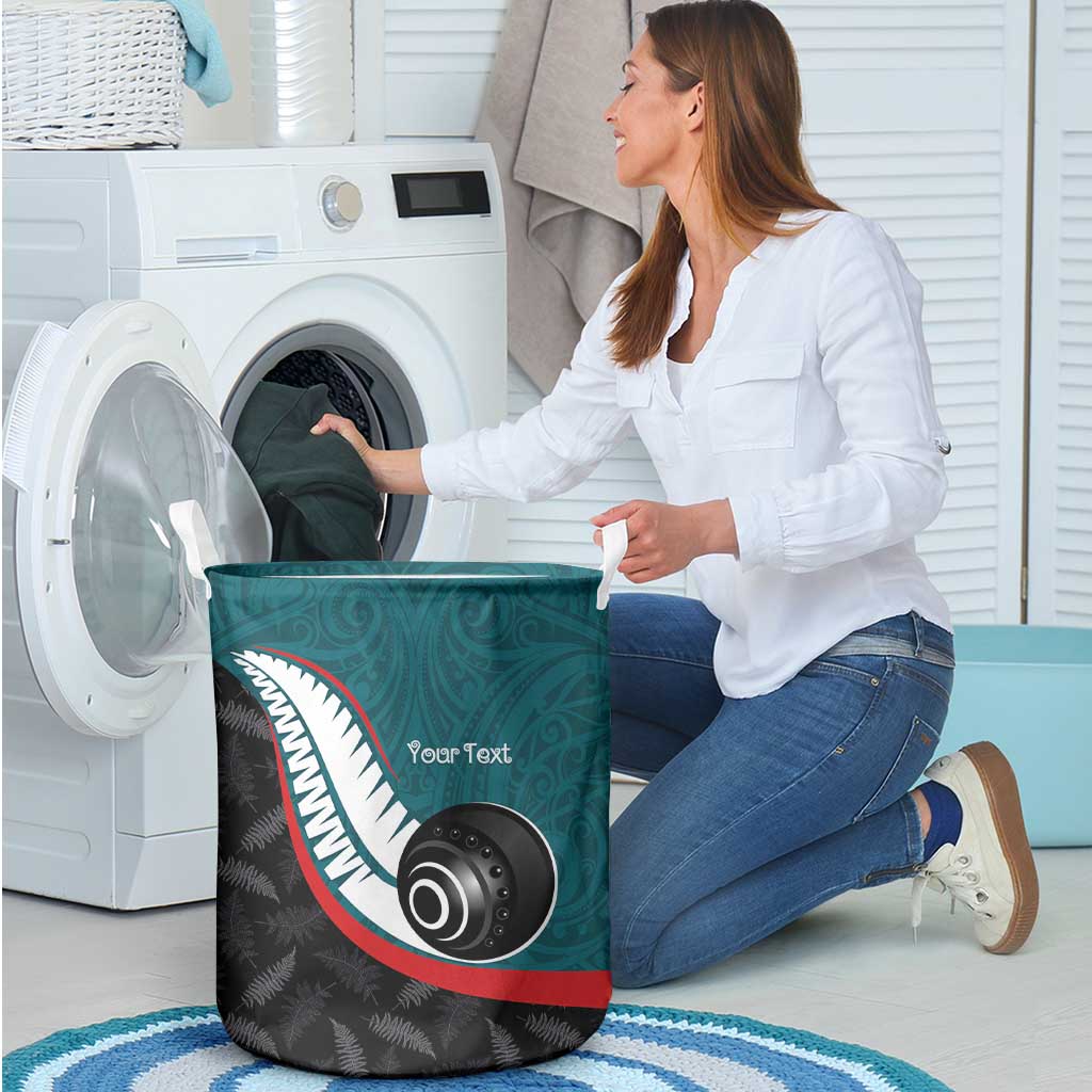 Personalised Aotearoa Lawn Bowls Laundry Basket Maori and Silver Fern Sporty Style Teal Color LT03 - Polynesian Pride