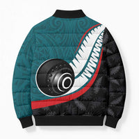 Personalised Aotearoa Lawn Bowls Bomber Puffer Jacket Maori and Silver Fern Sporty Style Teal Color LT03 - Polynesian Pride