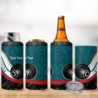 Personalised Aotearoa Lawn Bowls 4 in 1 Can Cooler Tumbler Maori and Silver Fern Sporty Style Teal Color LT03 - Polynesian Pride
