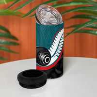 Personalised Aotearoa Lawn Bowls 4 in 1 Can Cooler Tumbler Maori and Silver Fern Sporty Style Teal Color LT03 - Polynesian Pride