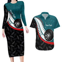 Personalised Aotearoa Lawn Bowls Couples Matching Long Sleeve Bodycon Dress and Hawaiian Shirt Maori and Silver Fern Sporty Style Teal Color LT03 Teal - Polynesian Pride