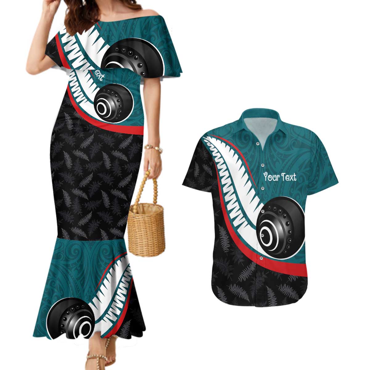 Personalised Aotearoa Lawn Bowls Couples Matching Mermaid Dress and Hawaiian Shirt Maori and Silver Fern Sporty Style Teal Color LT03 Teal - Polynesian Pride