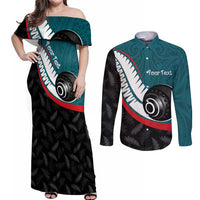 Personalised Aotearoa Lawn Bowls Couples Matching Off Shoulder Maxi Dress and Long Sleeve Button Shirt Maori and Silver Fern Sporty Style Teal Color LT03 Teal - Polynesian Pride