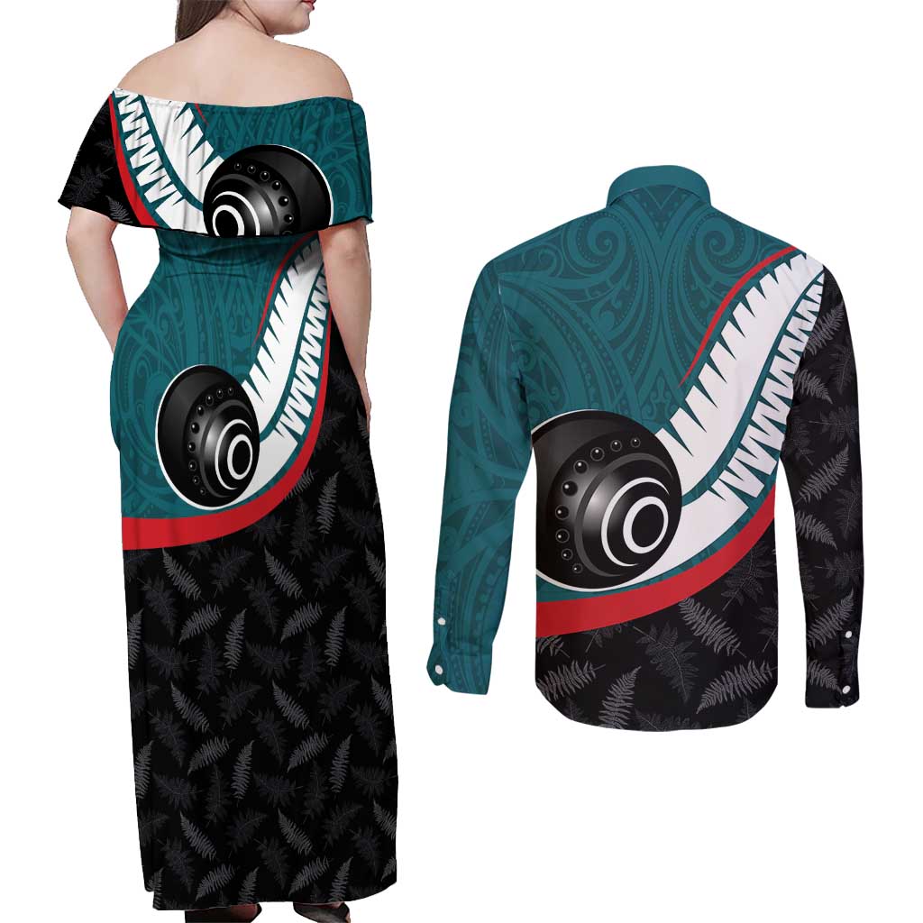 Personalised Aotearoa Lawn Bowls Couples Matching Off Shoulder Maxi Dress and Long Sleeve Button Shirt Maori and Silver Fern Sporty Style Teal Color LT03 - Polynesian Pride