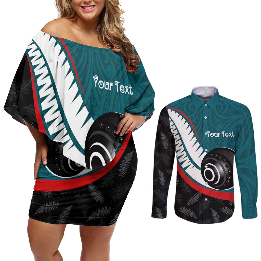 Personalised Aotearoa Lawn Bowls Couples Matching Off Shoulder Short Dress and Long Sleeve Button Shirt Maori and Silver Fern Sporty Style Teal Color LT03 Teal - Polynesian Pride
