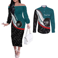 Personalised Aotearoa Lawn Bowls Couples Matching Off The Shoulder Long Sleeve Dress and Long Sleeve Button Shirt Maori and Silver Fern Sporty Style Teal Color LT03 Teal - Polynesian Pride