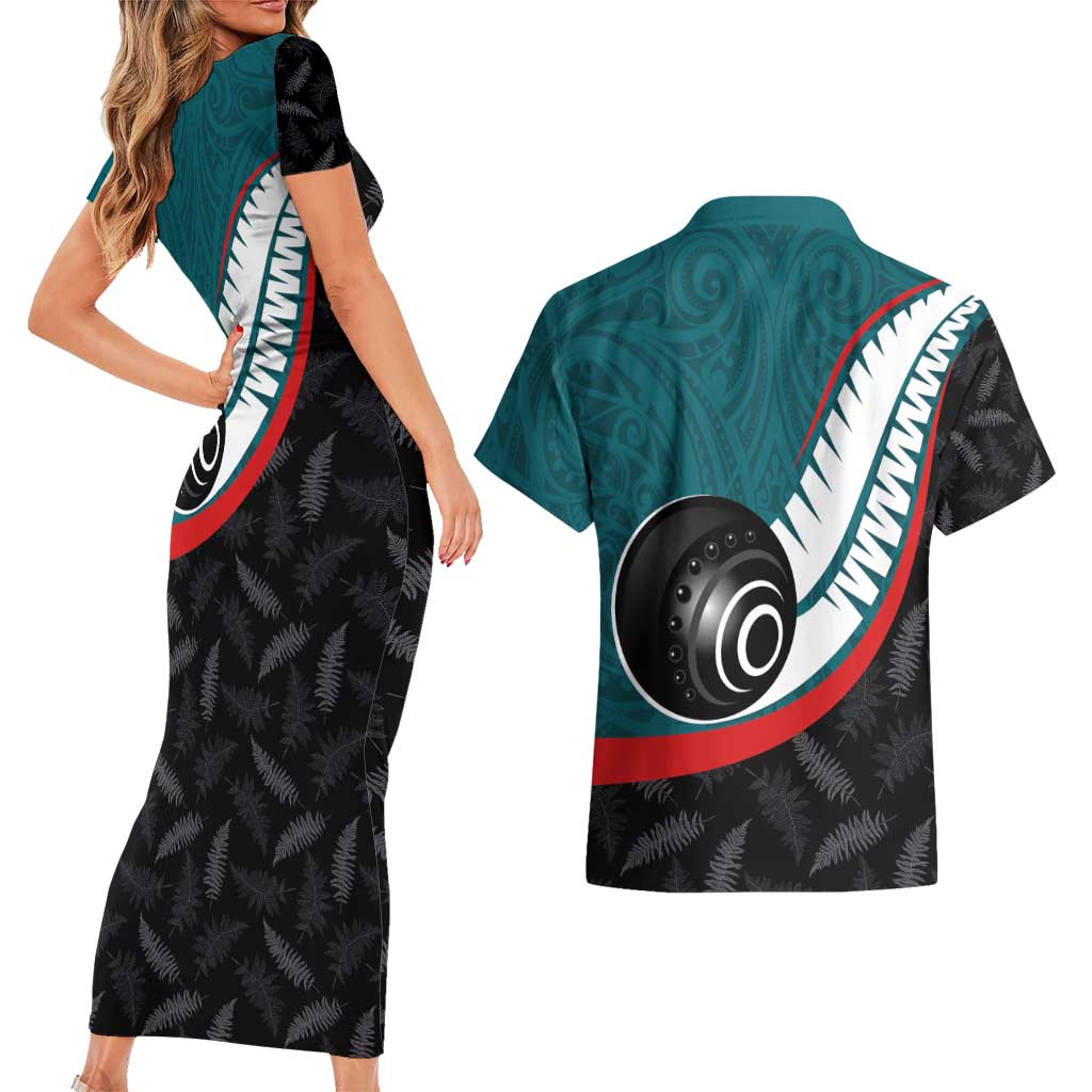 Personalised Aotearoa Lawn Bowls Couples Matching Short Sleeve Bodycon Dress and Hawaiian Shirt Maori and Silver Fern Sporty Style Teal Color LT03 - Polynesian Pride
