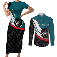 Personalised Aotearoa Lawn Bowls Couples Matching Short Sleeve Bodycon Dress and Long Sleeve Button Shirt Maori and Silver Fern Sporty Style Teal Color LT03 Teal - Polynesian Pride