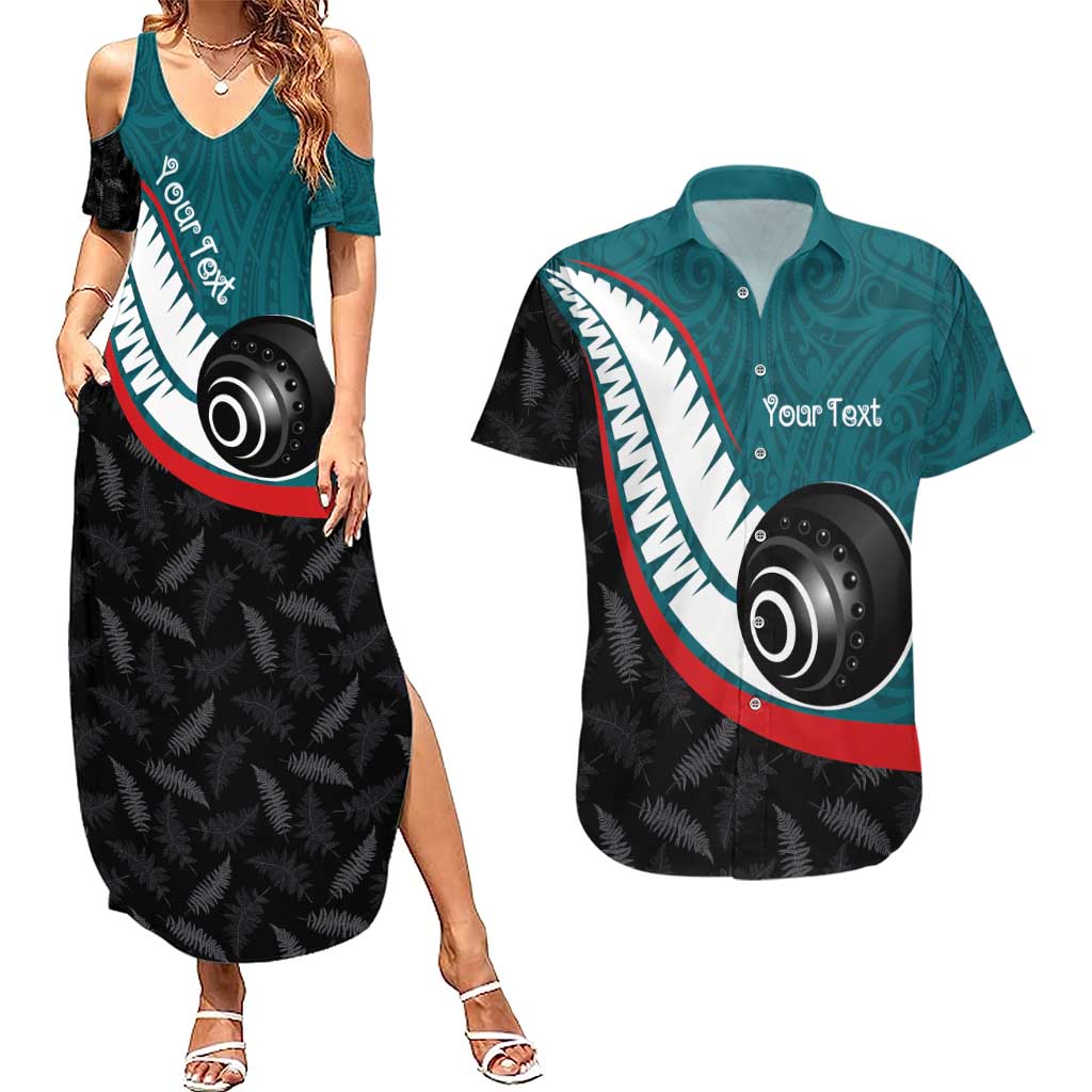 Personalised Aotearoa Lawn Bowls Couples Matching Summer Maxi Dress and Hawaiian Shirt Maori and Silver Fern Sporty Style Teal Color LT03 Teal - Polynesian Pride