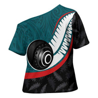 Personalised Aotearoa Lawn Bowls Cross Shoulder Shirt Maori and Silver Fern Sporty Style Teal Color LT03 - Polynesian Pride