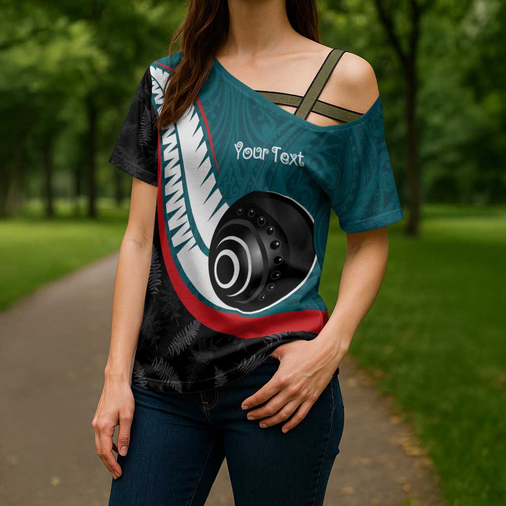 Personalised Aotearoa Lawn Bowls Cross Shoulder Shirt Maori and Silver Fern Sporty Style Teal Color LT03 - Polynesian Pride