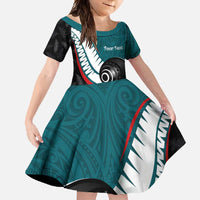 Personalised Aotearoa Lawn Bowls Family Matching Mermaid Dress and Hawaiian Shirt Maori and Silver Fern Sporty Style Teal Color LT03 Daughter's Dress Teal - Polynesian Pride
