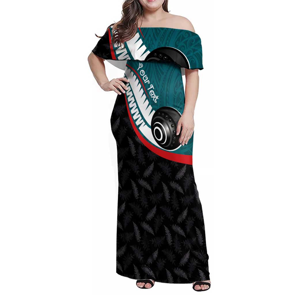 Personalised Aotearoa Lawn Bowls Family Matching Off Shoulder Maxi Dress and Hawaiian Shirt Maori and Silver Fern Sporty Style Teal Color LT03 Mom's Dress Teal - Polynesian Pride