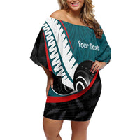 Personalised Aotearoa Lawn Bowls Family Matching Off Shoulder Short Dress and Hawaiian Shirt Maori and Silver Fern Sporty Style Teal Color LT03 Mom's Dress Teal - Polynesian Pride