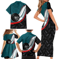Personalised Aotearoa Lawn Bowls Family Matching Short Sleeve Bodycon Dress and Hawaiian Shirt Maori and Silver Fern Sporty Style Teal Color LT03 - Polynesian Pride