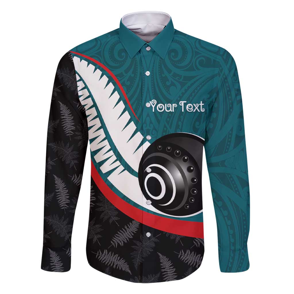 Personalised Aotearoa Lawn Bowls Family Matching Short Sleeve Bodycon Dress and Hawaiian Shirt Maori and Silver Fern Sporty Style Teal Color LT03 Dad's Shirt - Long Sleeve Teal - Polynesian Pride