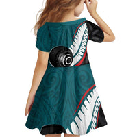 Personalised Aotearoa Lawn Bowls Family Matching Summer Maxi Dress and Hawaiian Shirt Maori and Silver Fern Sporty Style Teal Color LT03 - Polynesian Pride