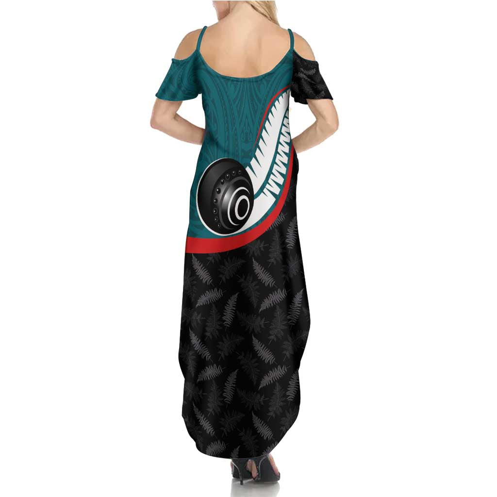 Personalised Aotearoa Lawn Bowls Family Matching Summer Maxi Dress and Hawaiian Shirt Maori and Silver Fern Sporty Style Teal Color LT03 - Polynesian Pride