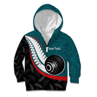 Personalised Aotearoa Lawn Bowls Kid Hoodie Maori and Silver Fern Sporty Style Teal Color LT03 Zip Hoodie Teal - Polynesian Pride