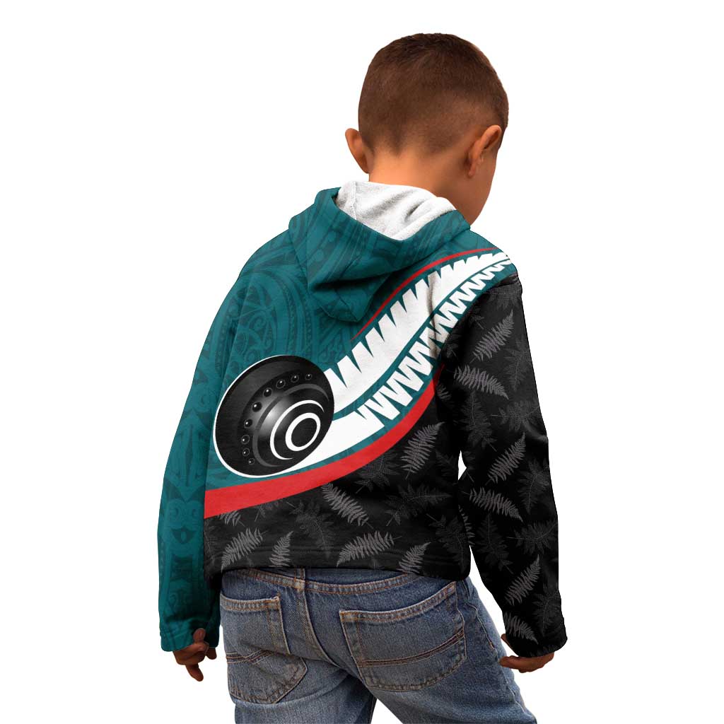 Personalised Aotearoa Lawn Bowls Kid Hoodie Maori and Silver Fern Sporty Style Teal Color LT03 - Polynesian Pride