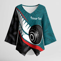 Personalised Aotearoa Lawn Bowls Kimono Sleeve Blouse Maori and Silver Fern Sporty Style Teal Color LT03 Female Teal - Polynesian Pride