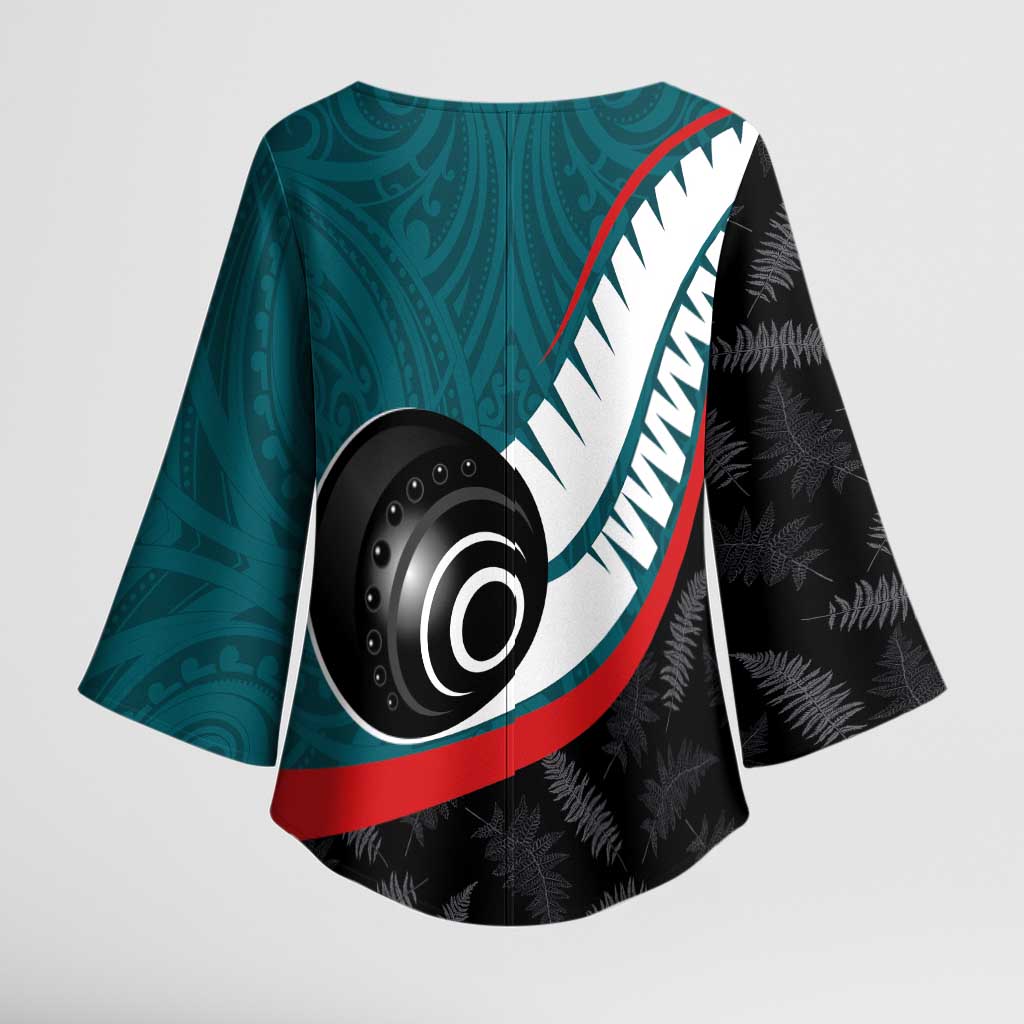Personalised Aotearoa Lawn Bowls Kimono Sleeve Blouse Maori and Silver Fern Sporty Style Teal Color LT03 - Polynesian Pride