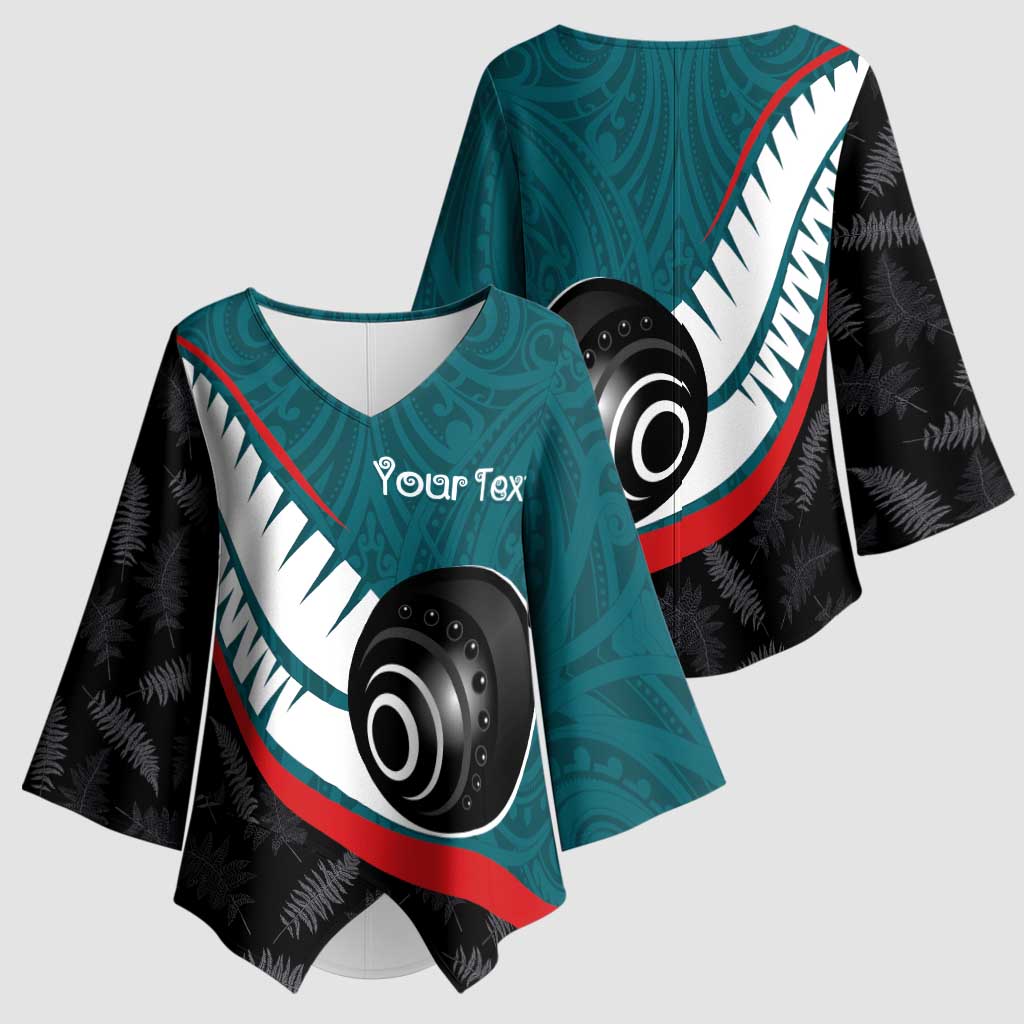 Personalised Aotearoa Lawn Bowls Kimono Sleeve Blouse Maori and Silver Fern Sporty Style Teal Color LT03 - Polynesian Pride