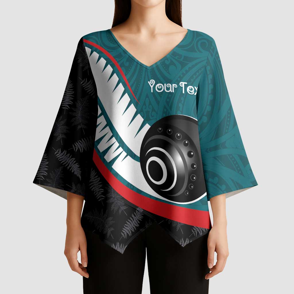 Personalised Aotearoa Lawn Bowls Kimono Sleeve Blouse Maori and Silver Fern Sporty Style Teal Color LT03 - Polynesian Pride