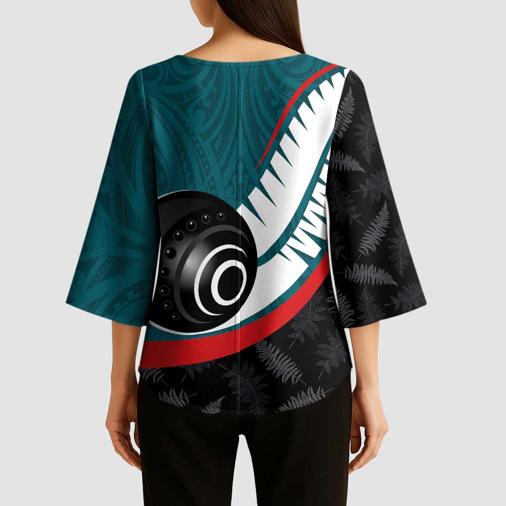 Personalised Aotearoa Lawn Bowls Kimono Sleeve Blouse Maori and Silver Fern Sporty Style Teal Color LT03 - Polynesian Pride