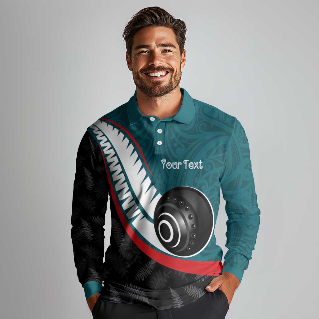 Personalised Aotearoa Lawn Bowls Long Sleeve Polo Shirt Maori and Silver Fern Sporty Style Teal Color LT03 - Polynesian Pride