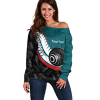 Personalised Aotearoa Lawn Bowls Off Shoulder Sweater Maori and Silver Fern Sporty Style Teal Color LT03 Women Teal - Polynesian Pride