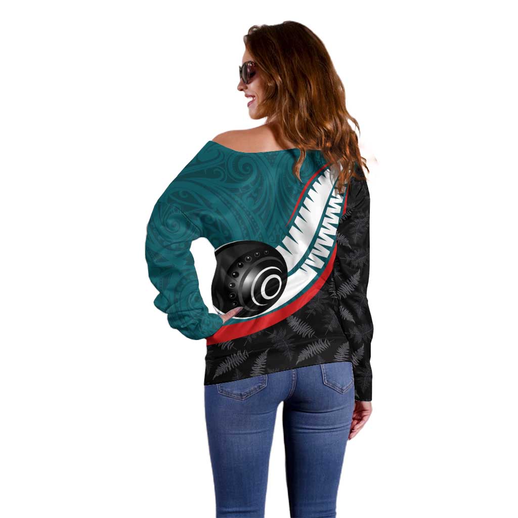Personalised Aotearoa Lawn Bowls Off Shoulder Sweater Maori and Silver Fern Sporty Style Teal Color LT03 - Polynesian Pride