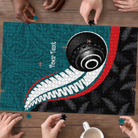 Personalised Aotearoa Lawn Bowls Puzzle Maori and Silver Fern Sporty Style Teal Color LT03 - Polynesian Pride