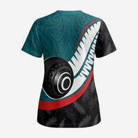 Personalised Aotearoa Lawn Bowls Scrub Top Maori and Silver Fern Sporty Style Teal Color LT03 - Polynesian Pride