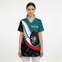 Personalised Aotearoa Lawn Bowls Scrub Top Maori and Silver Fern Sporty Style Teal Color LT03 - Polynesian Pride