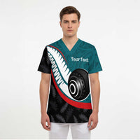 Personalised Aotearoa Lawn Bowls Scrub Top Maori and Silver Fern Sporty Style Teal Color LT03 - Polynesian Pride