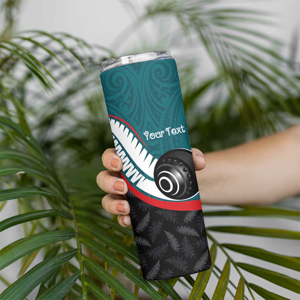 Personalised Aotearoa Lawn Bowls Skinny Tumbler Maori and Silver Fern Sporty Style Teal Color LT03 - Polynesian Pride