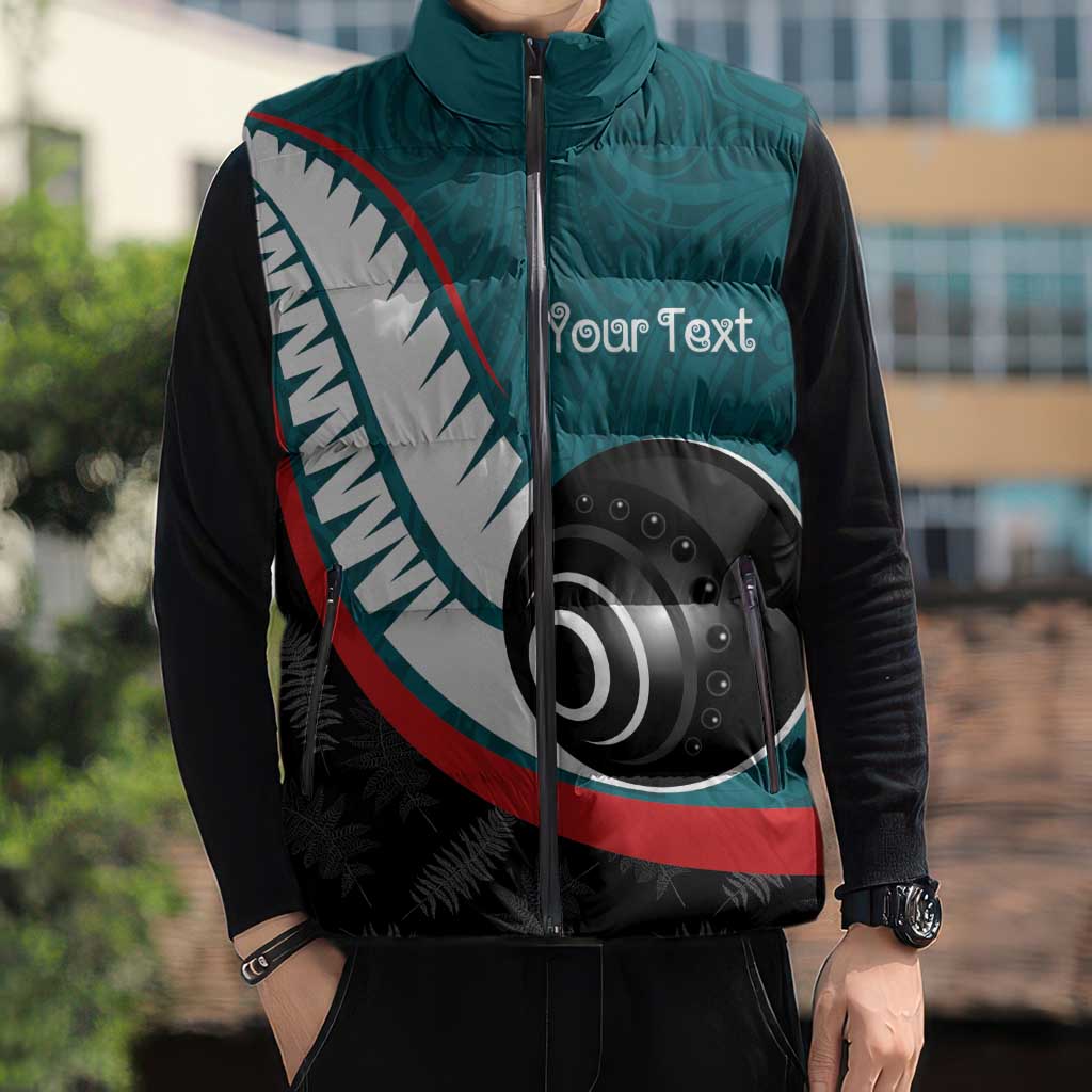 Personalised Aotearoa Lawn Bowls Sleeveless Puffer Jacket Maori and Silver Fern Sporty Style Teal Color LT03 - Polynesian Pride
