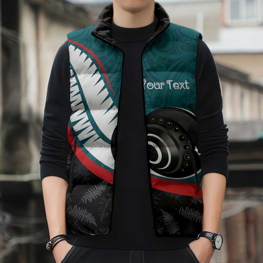 Personalised Aotearoa Lawn Bowls Sleeveless Puffer Jacket Maori and Silver Fern Sporty Style Teal Color LT03 - Polynesian Pride
