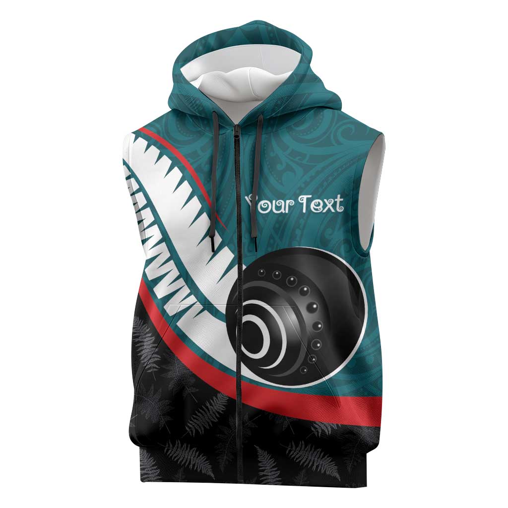 Personalised Aotearoa Lawn Bowls Sleeveless Zip Hoodie Maori and Silver Fern Sporty Style Teal Color LT03 Teal - Polynesian Pride