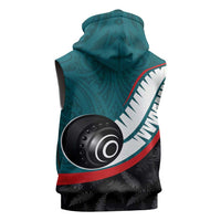 Personalised Aotearoa Lawn Bowls Sleeveless Zip Hoodie Maori and Silver Fern Sporty Style Teal Color LT03 - Polynesian Pride