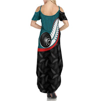 Personalised Aotearoa Lawn Bowls Summer Maxi Dress Maori and Silver Fern Sporty Style Teal Color LT03 - Polynesian Pride