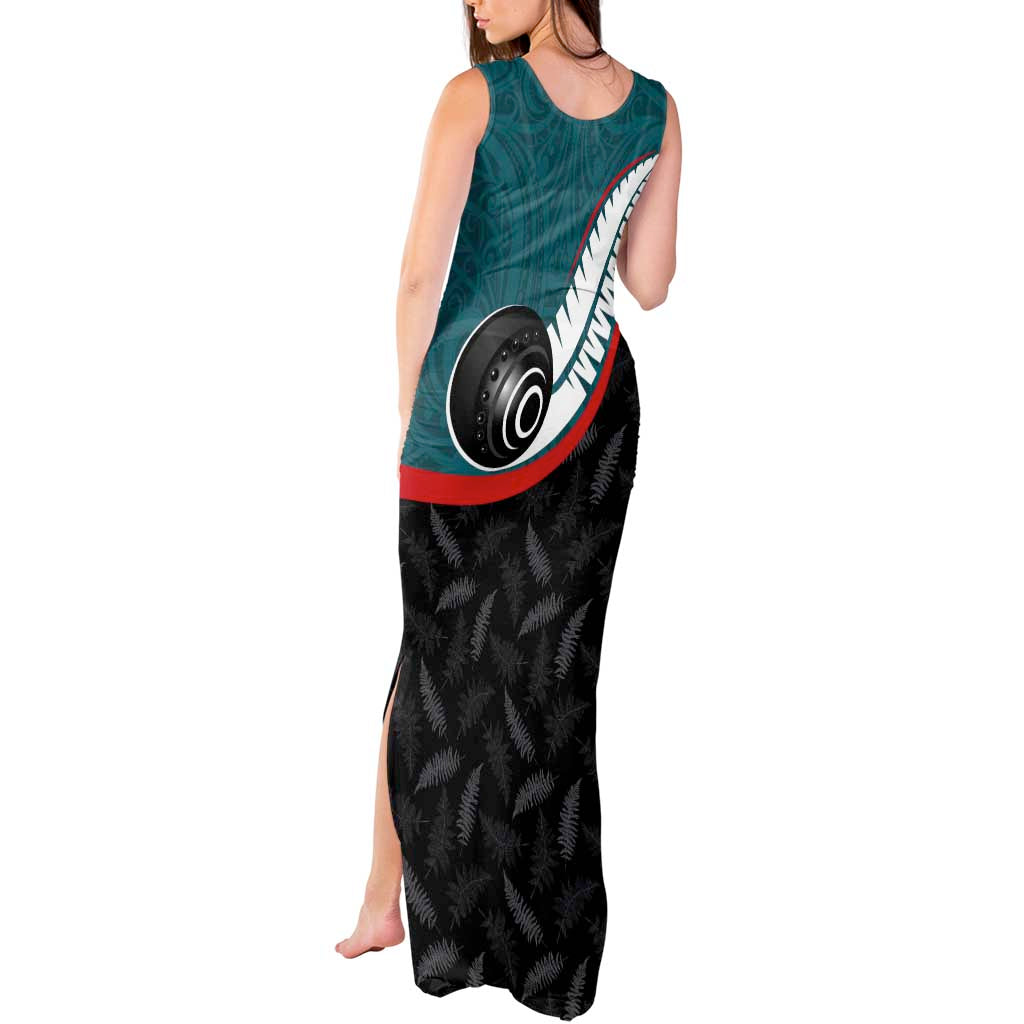 Personalised Aotearoa Lawn Bowls Tank Maxi Dress Maori and Silver Fern Sporty Style Teal Color LT03 - Polynesian Pride