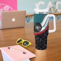 Personalised Aotearoa Lawn Bowls Tumbler With Handle Maori and Silver Fern Sporty Style Teal Color LT03 - Polynesian Pride