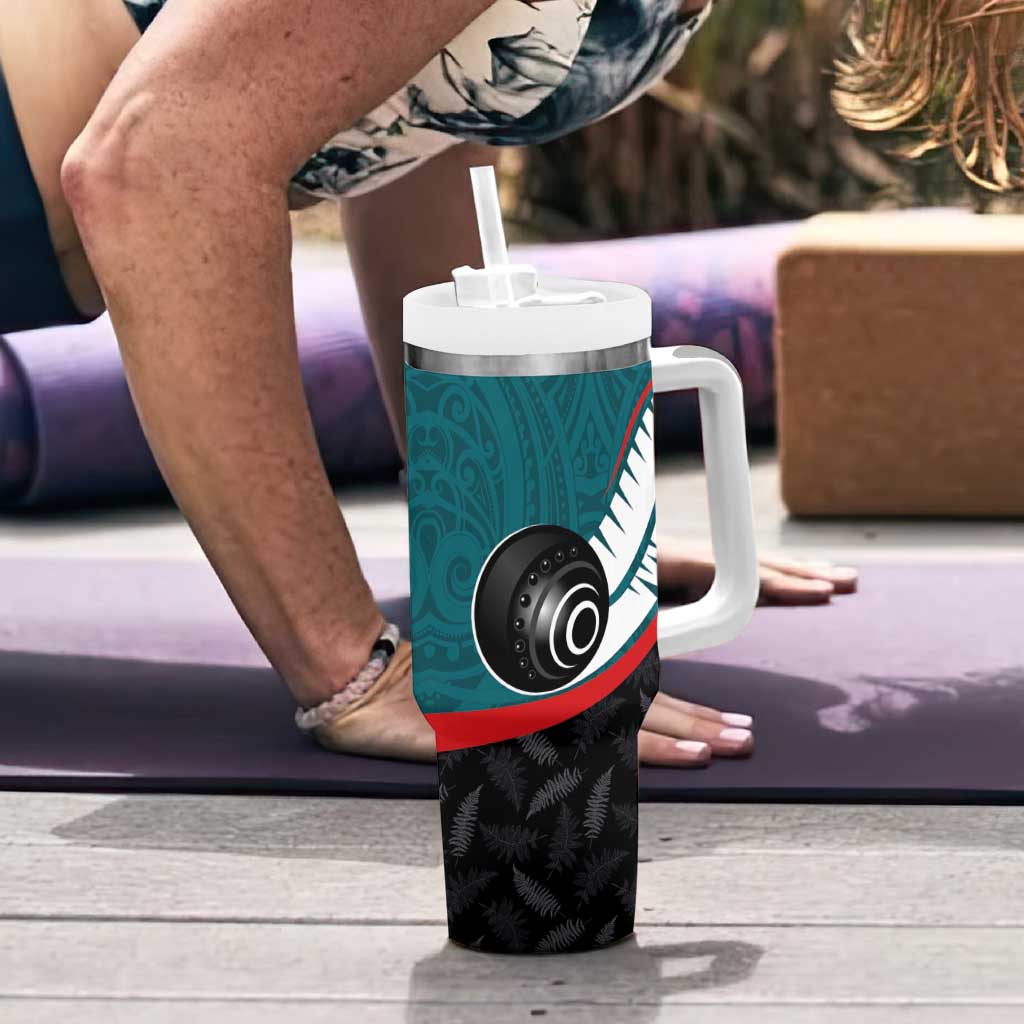 Personalised Aotearoa Lawn Bowls Tumbler With Handle Maori and Silver Fern Sporty Style Teal Color LT03 - Polynesian Pride