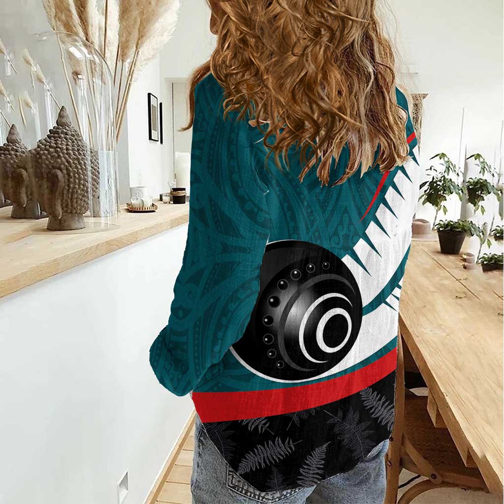 Personalised Aotearoa Lawn Bowls Women Casual Shirt Maori and Silver Fern Sporty Style Teal Color LT03 - Polynesian Pride